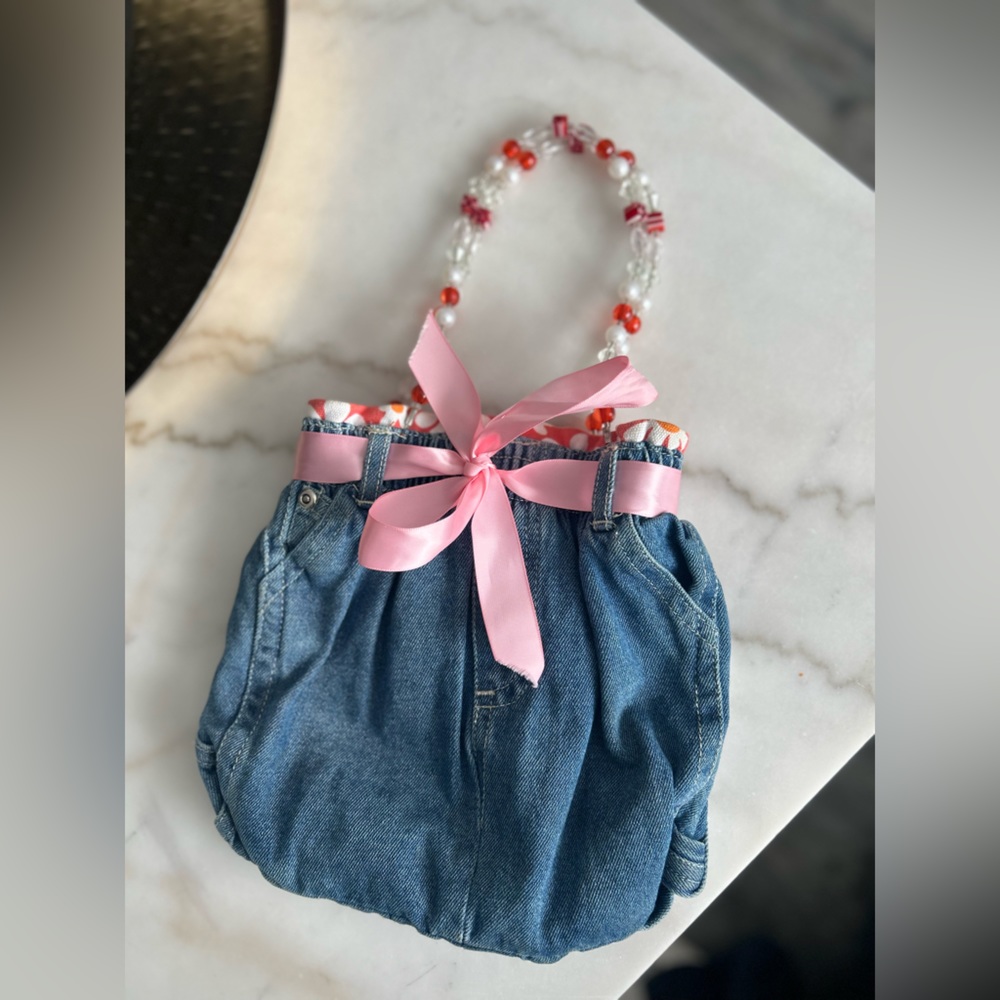 Karen Ackerman Fancy Pants Small Recycled Denim Handbag | Beaded Strap | Y2K